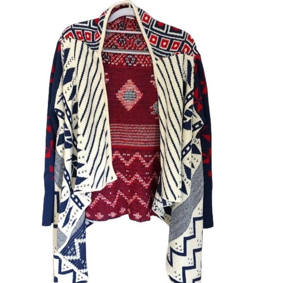 Haute Society Boho Tribal Chevron Print Open Front Waterfall Cardigan - Picture 1 of 11